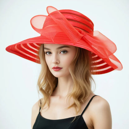 Women’s Organza Mesh Wide Brim Hat – Elegant Ruffle Sun Hat for Summer, Wedding, Bridal, Beach & Party