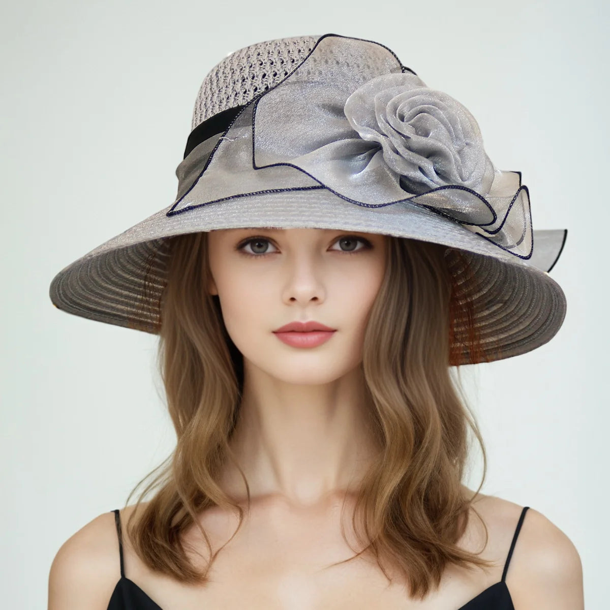 Elegant Ladies Fascinator Hat – Wide Brim Church Kentucky Derby Sun Cap with Bow