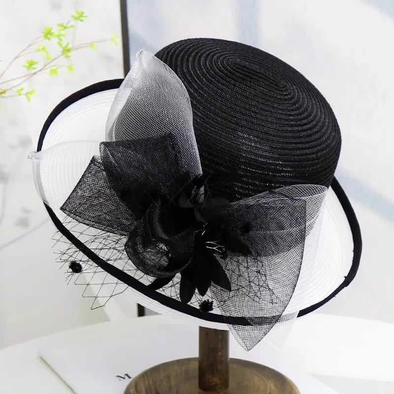 Elegant Summer Straw Hat for Women – Retro Curl Brim Sunbonnet with Flower, Outdoor Beach Sunshade, Party & Church Hat