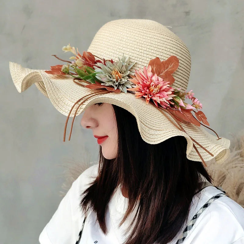 Women’s Summer Straw Hat with Flowers – Wide Wavy Brim Foldable Panama Beach Sun Cap
