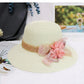 Fashion Women’s Summer Straw Sun Hat – Lace Bowknot & Flower Ribbon Flat Top Beach Bucket Cap Panama Style