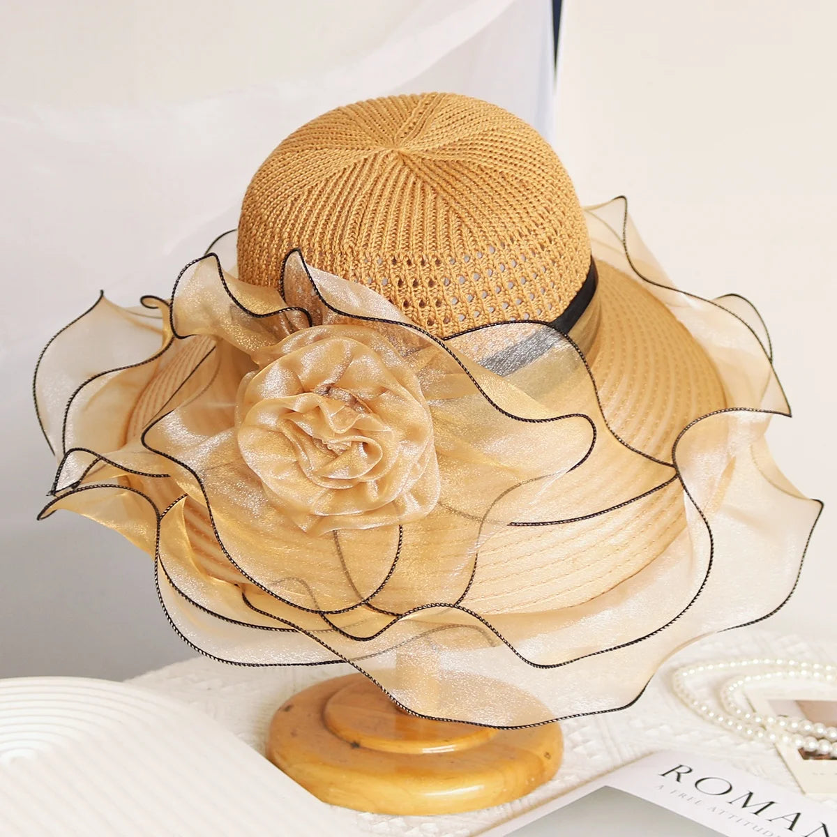 Elegant Women’s Summer Sun Hat – Breathable Foldable Organdy Hat with Woven Top & Flower Decoration