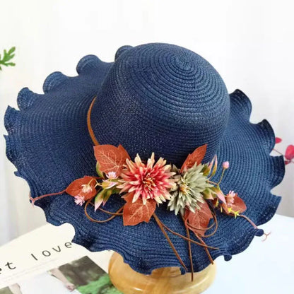 Women’s Summer Straw Hat with Flowers – Wide Wavy Brim Foldable Panama Beach Sun Cap