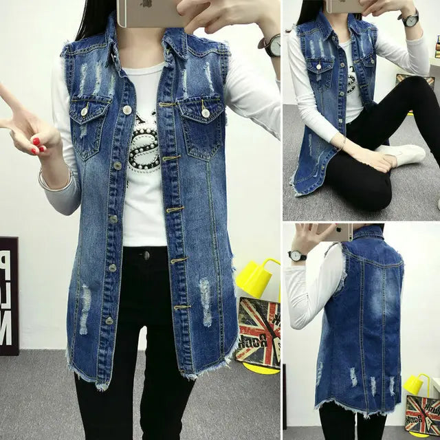 Multiple Styles Denim Sleeveless Casual Blue Hole Jacket Vest Coat Women
