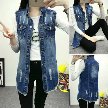 Multiple Styles Denim Sleeveless Casual Blue Hole Jacket Vest Coat Women