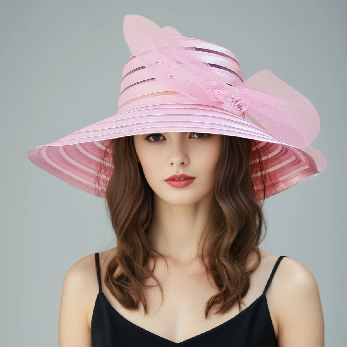 Women’s Organza Mesh Wide Brim Hat – Elegant Ruffle Sun Hat for Summer, Wedding, Bridal, Beach & Party