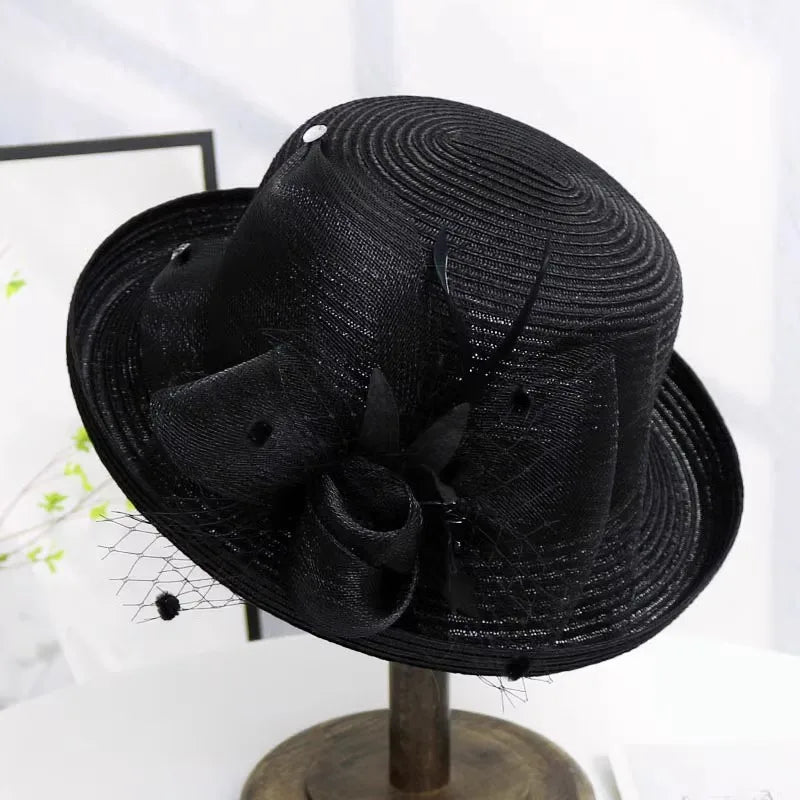 Elegant Summer Straw Hat for Women – Retro Curl Brim Sunbonnet with Flower, Outdoor Beach Sunshade, Party & Church Hat