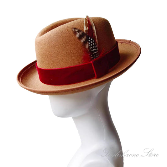 Men’s European & American Fedora – Small Top Winter Hat in Thickened Golden Velvet with Feather, Flipped Brim “Hamburger” Style
