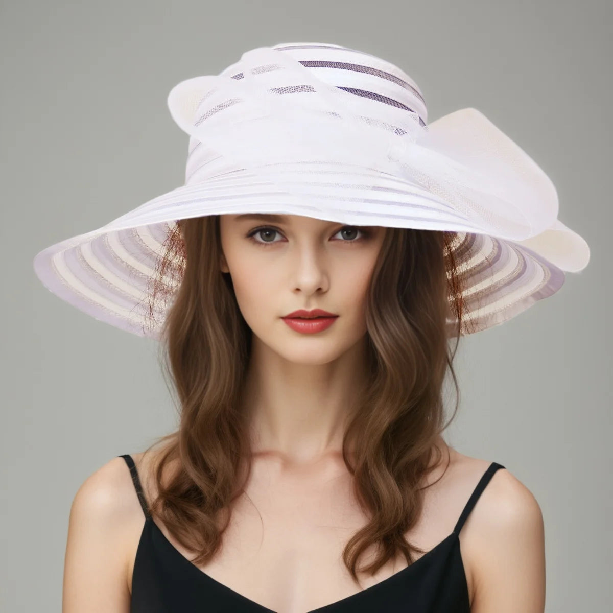 Women’s Organza Mesh Wide Brim Hat – Elegant Ruffle Sun Hat for Summer, Wedding, Bridal, Beach & Party