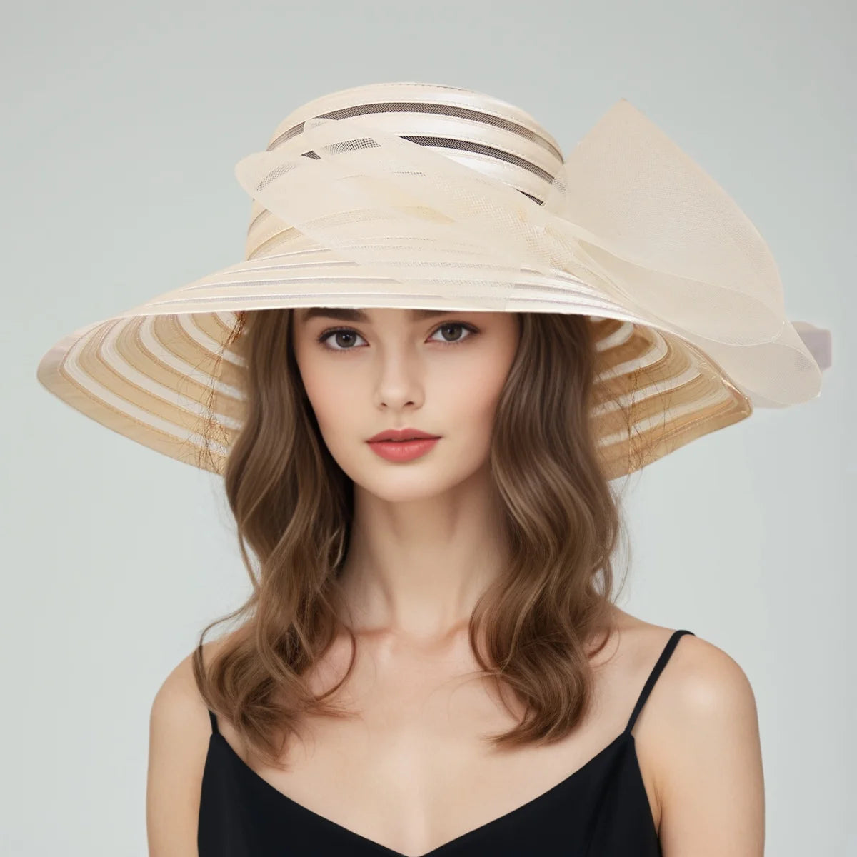 Women’s Organza Mesh Wide Brim Hat – Elegant Ruffle Sun Hat for Summer, Wedding, Bridal, Beach & Party