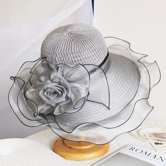 Elegant Summer Women’s Sun Hat – Breathable Organdy, Foldable Design with Woven Top & Floral Decoration
