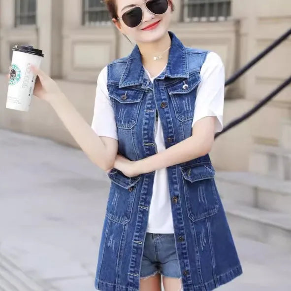 Multiple Styles Denim Sleeveless Casual Blue Hole Jacket Vest Coat Women