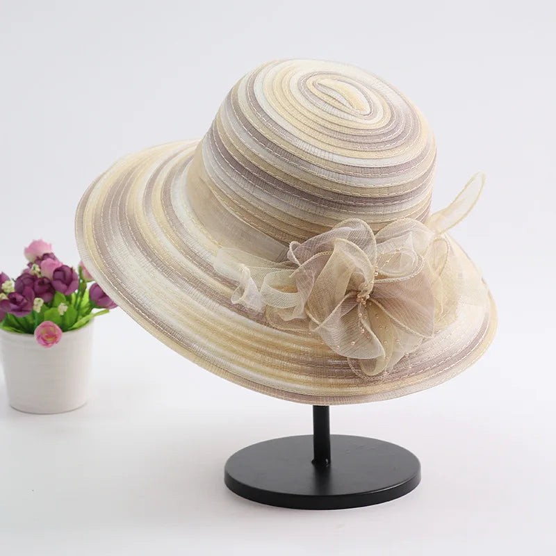 Women’s Summer Organza Sun Hat – Colorful Stripe Wide Brim Beach Hat with Floral Design, UV Protection