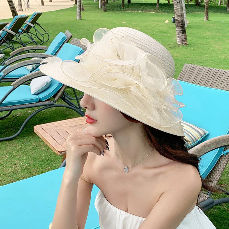 Women’s Summer Eugenia Flower Large Brim Beach Hat – Organza Sunshade Fisherman Hat for Travel, Tea Parties, Weddings & Outdoor Activities