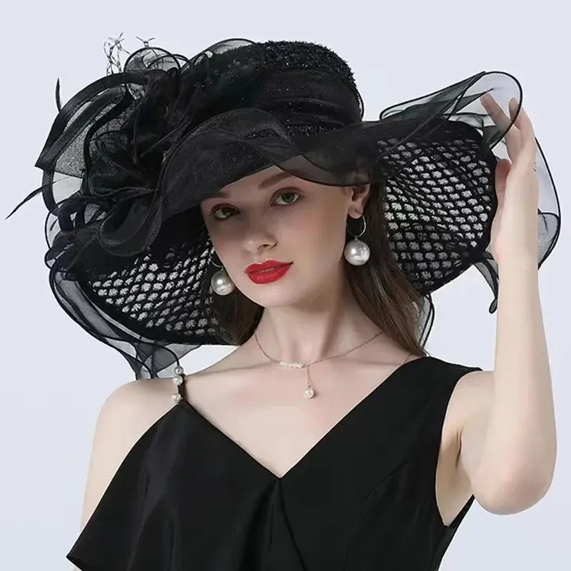 Fashionable Lady Derby Church Cloche Hat – Elegant Floral Bow Bucket Wedding & Party Bowler Cap for Women, Summer Sun Protection Fedora
