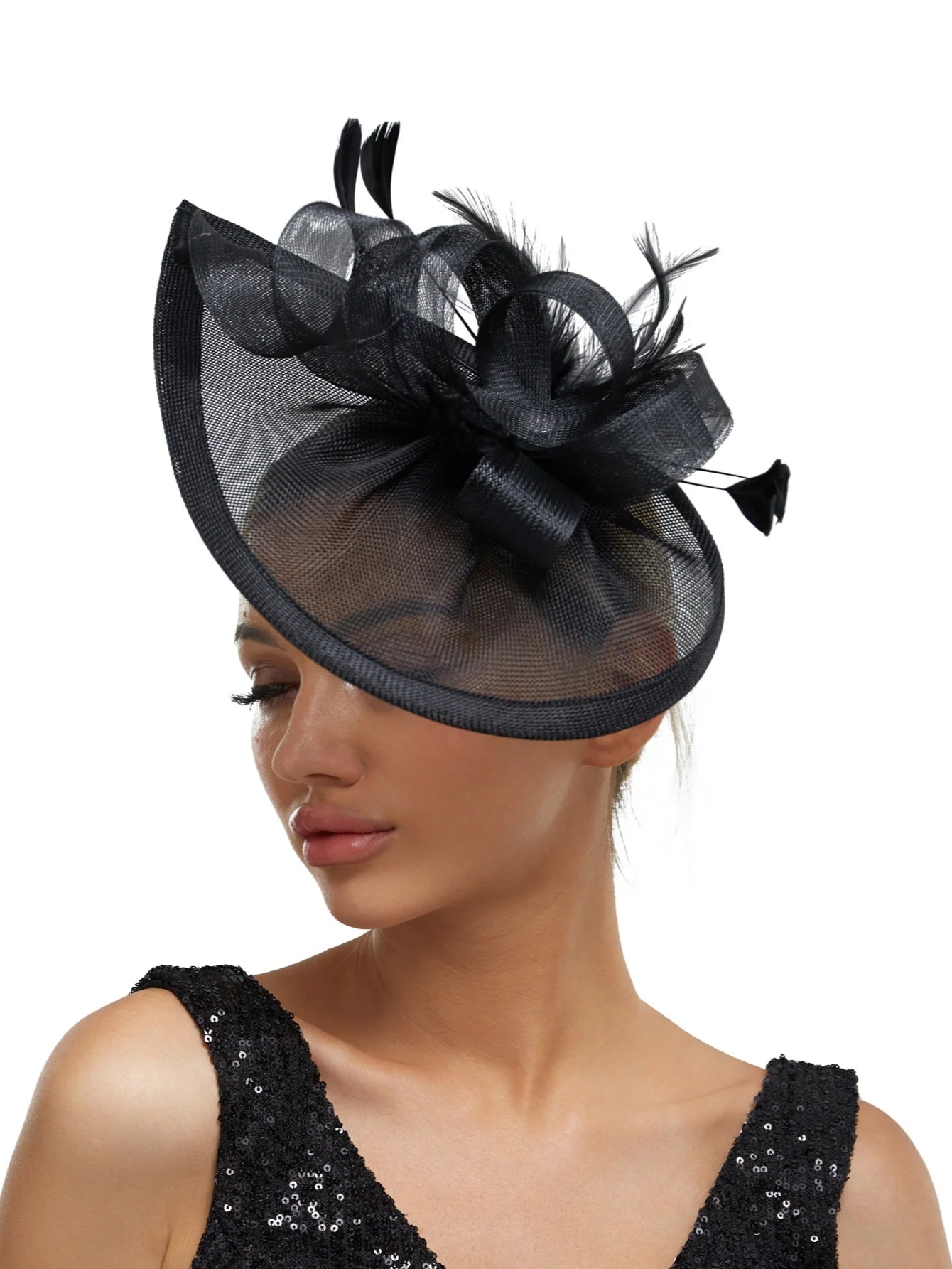 Charming Feather Fascinator Hat – Women’s Wedding, Cocktail, Tea Party Mesh Flower Headpiece with Headband