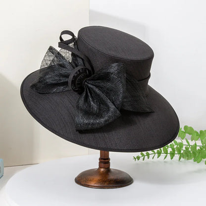2025 Elegant Wide Brim Black Fedora for Women – Big Bow Formal Wedding Hat, Kentucky Derby Sun Hat, Flat Top Dress Hat for Cocktail Parties