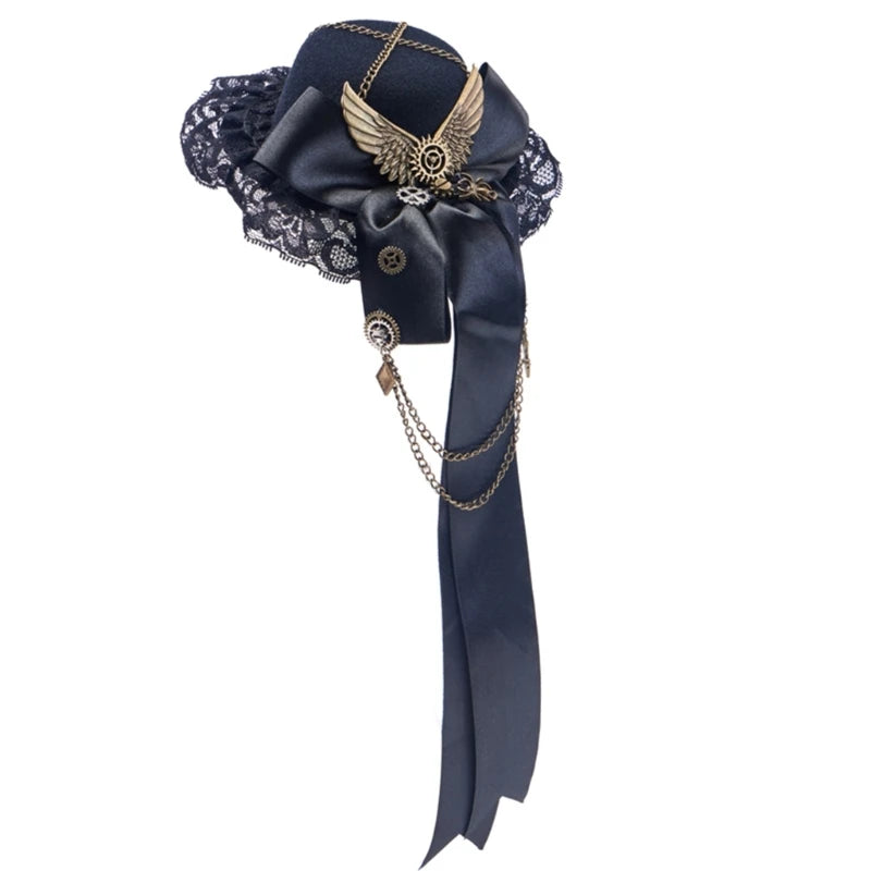 Elegant Steampunk Mini Top Hat Hair Clip – Chain & Bowknot Fedora Headpiece for Women, Masquerade, Cosplay, Party & Dress-Up Costumes