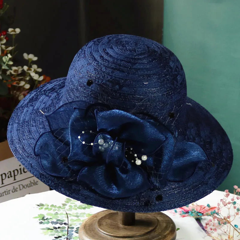 Elegant Women’s Mesh Pearl Flower Sun Hat – Foldable Wide Brim Lace Beach Hat for Spring & Summer