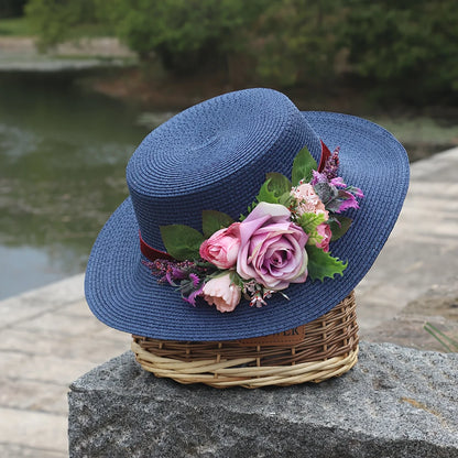 Elegant Straw Hat - Breathable, Sun-Protective, Solid Color Design with Delicate Floral -Top Fashion Accessory for Easter&Summer
