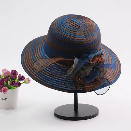 Women’s Summer Organza Sun Hat – Colorful Stripe Wide Brim Beach Hat with Floral Design, UV Protection