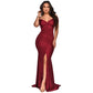 Elegant Maxi Evening Dress, Satin Banquet V Neck Sexy Spring Summer Split Dress, Female Luxury Trailing Long Party Dress