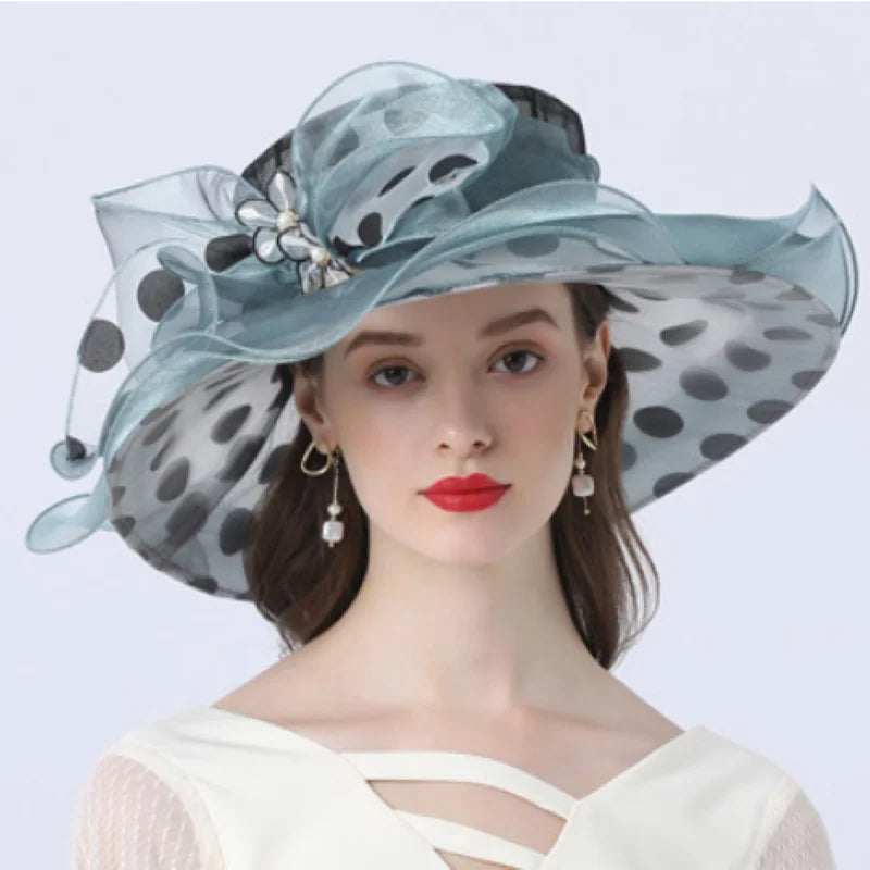 Elegant Women’s Organza Sun Hat – Vintage Wide Brim Fedora with Large Flower, Summer Church & Party Hat