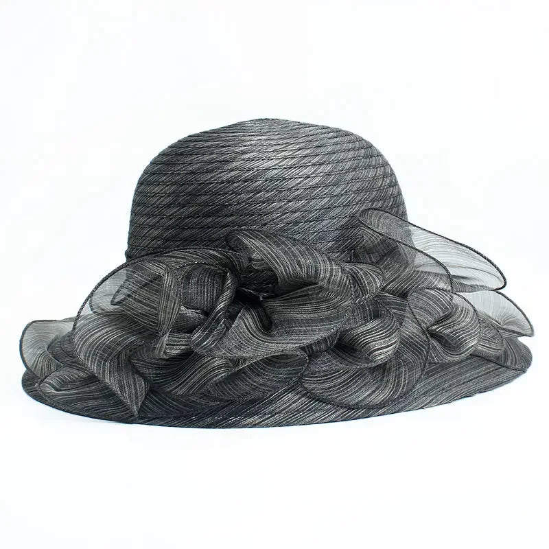 Women’s Summer Wide Brim Sun Hat – Elegant Organza Mesh Hat with Flower Decoration, Beach Vacation Sunshade Hat