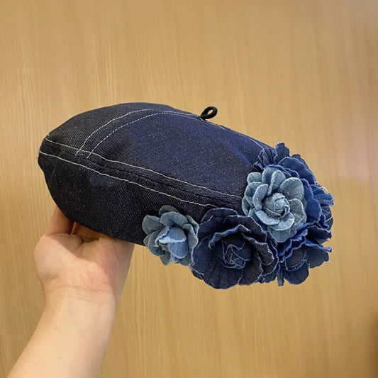 Ladies Denim Beret Hat – Vintage Retro Painter Cap with Floral Design, Casual Cowboy Style Luxury Spring & Autumn Hat for Women