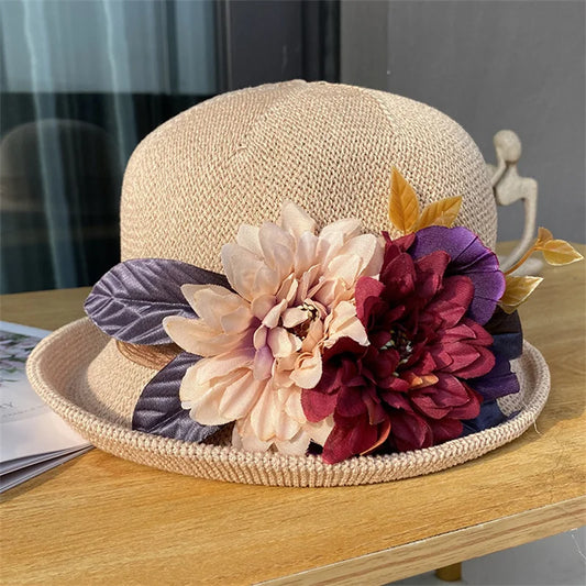 Women’s Summer Bowler Hat with Curled Brim – Floral Breathable Fedora Cap for Wedding, Party, Church & Beach