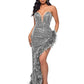 Elegant Feathers High Split Birthday Party Glitter Sequins Maxi Dress Women Night Club Wedding Evening Prom Dresses Robe