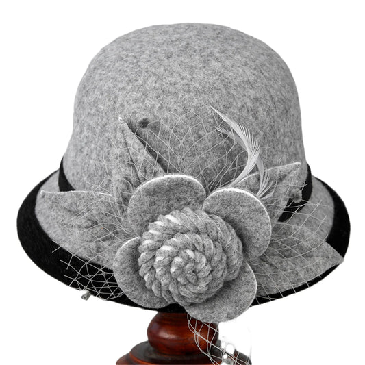 Women’s Wide Brim Bowler Hat – Vintage Church Hat with Mesh & Flowers, Elegant Accessory for Fancy Dress & Costumes
