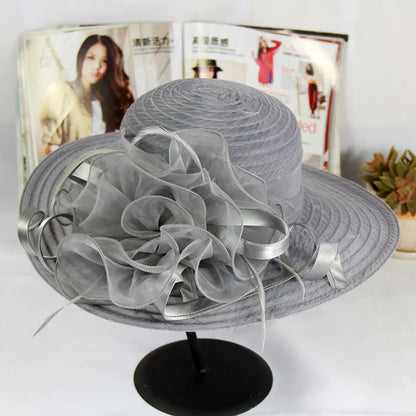 Spring Summer Women’s Mesh Organza Flower Hat – Elegant Wide Brim Dome Sun Hat for Weddings, Parties & Outdoor Fashion