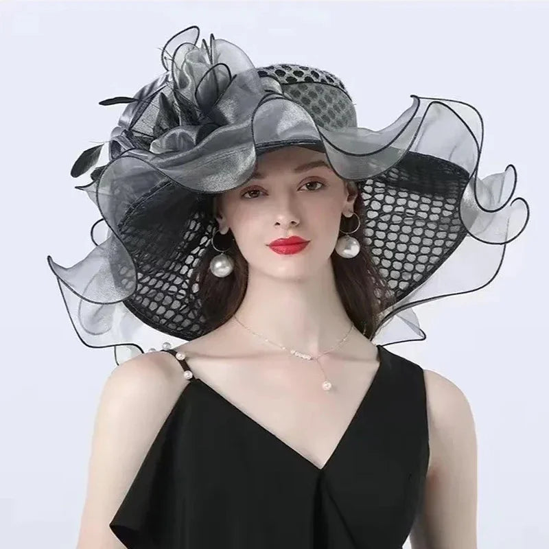 Fashionable Lady Derby Church Cloche Hat – Elegant Floral Bow Bucket Wedding & Party Bowler Cap for Women, Summer Sun Protection Fedora