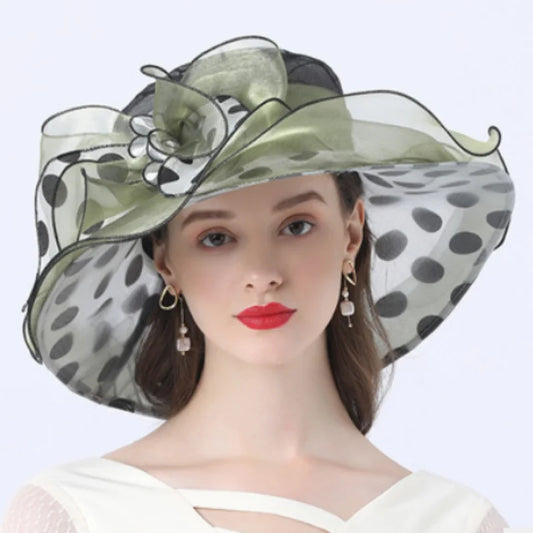 Elegant Women’s Organza Sun Hat – Vintage Wide Brim Fedora with Large Flower, Summer Church & Party Hat