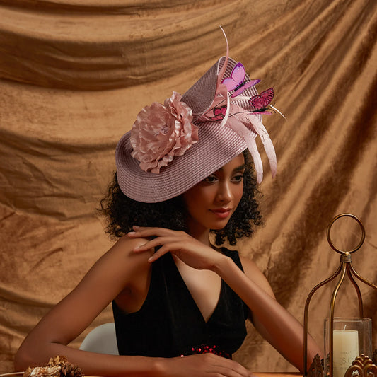 Women’s Fancy Fascinator Hat with Butterfly & Feather – Multicolour Floral Kentucky Derby, Tea Party, Church Wedding & Formal Event Headpiece