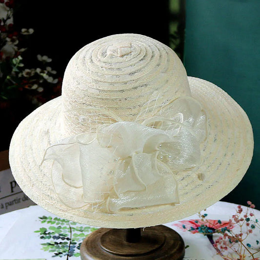 Elegant Women’s Mesh Pearl Flower Sun Hat – Foldable Wide Brim Lace Beach Hat for Spring & Summer