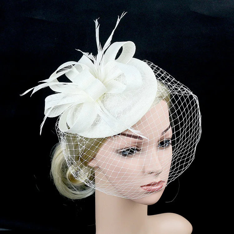 Elegant Feather & Lace Pillbox Fascinator Hat – Women’s Wedding, Bridal Veil, Cocktail, Tea Party & Derby Mesh Headpiece