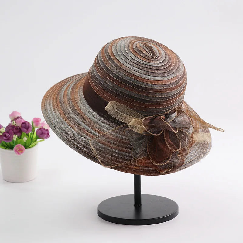 Women’s Summer Organza Sun Hat – Colorful Stripe Wide Brim Beach Hat with Floral Design, UV Protection