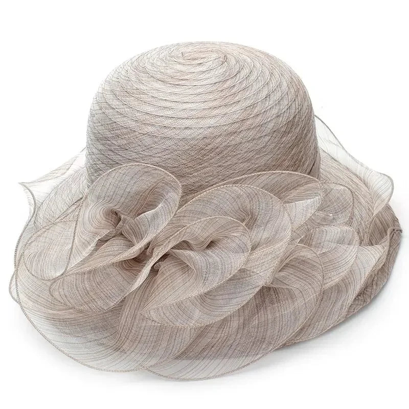 Women’s Summer Wide Brim Sun Hat – Elegant Organza Mesh Hat with Flower Decoration, Beach Vacation Sunshade Hat