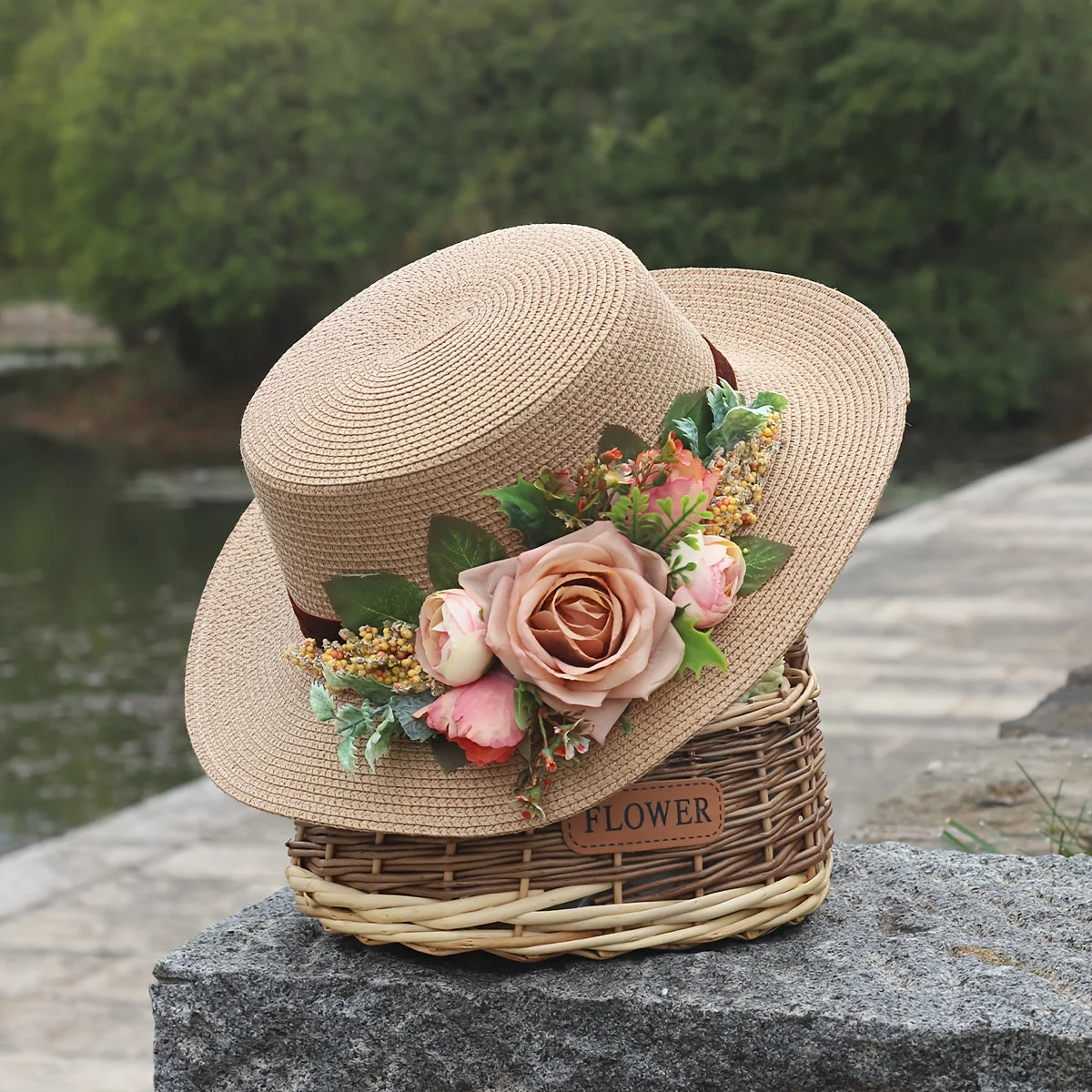 Elegant Straw Hat - Breathable, Sun-Protective, Solid Color Design with Delicate Floral -Top Fashion Accessory for Easter&Summer