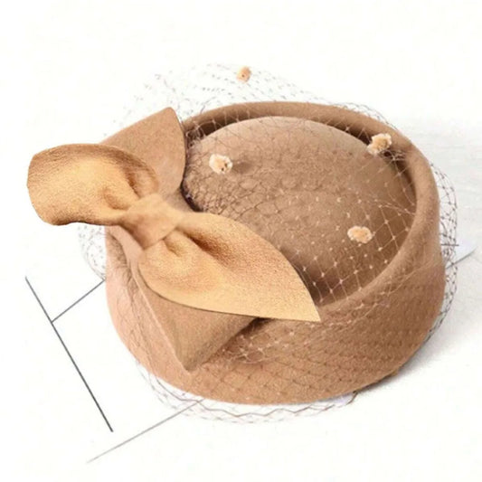 Elegant British Wool Fascinator Hat with Bow & Veil – Women’s Vintage Pillbox Hat for Weddings, Photography & Formal Events