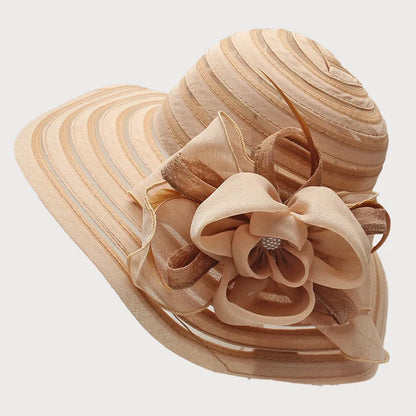 New Fashion Women’s Organza Sun Hat – Wide Brim Fedora with Big Flower, Elegant Wedding & Church Party Hat