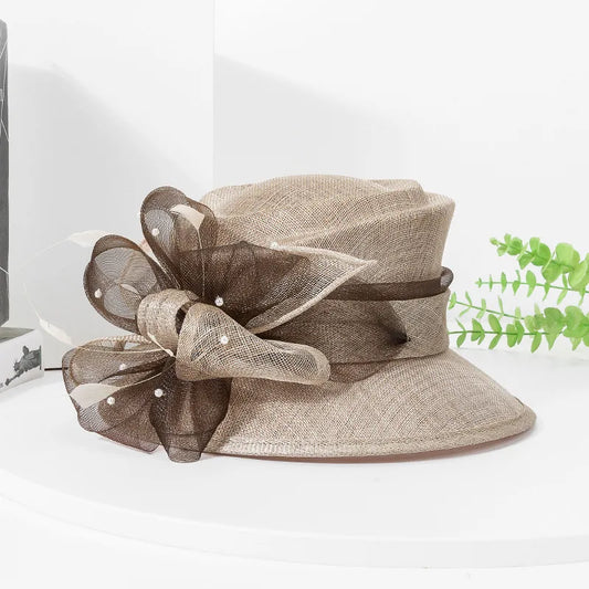 Elegant Court Sinamay Linen Wide Brim Hat for Women – Wedding, Church, Kentucky Derby & Party Fedora with Floral Detail, Ladies Formal Summer Headwear