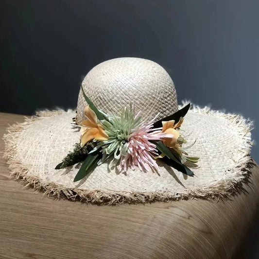Women’s Large Brim Straw Hat – Oversized Flat Top Beach Hat with Floral Decoration, Elegant Travel & Holiday Fashion Accessory