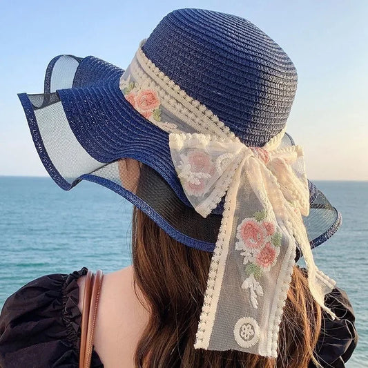 Women’s Elegant Wide Brim Straw Sun Hat – Summer Beach UV Protection, Adjustable & Foldable with Lace Bow for Outdoor Vacations