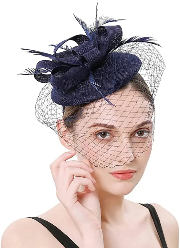 Elegant Feather & Lace Pillbox Fascinator Hat – Women’s Wedding, Bridal Veil, Cocktail, Tea Party & Derby Mesh Headpiece