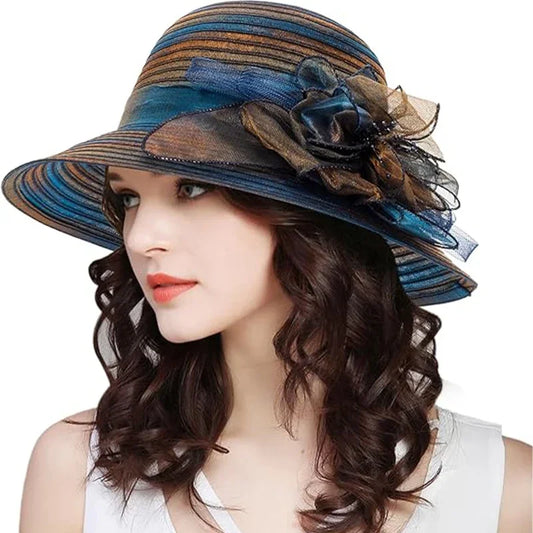 Elegant Floral Organza Church Wedding Hat for Women – Wide Brim Kentucky Derby Tea Party Hat with Adjustable Fit, Lightweight Summer Sun Hat