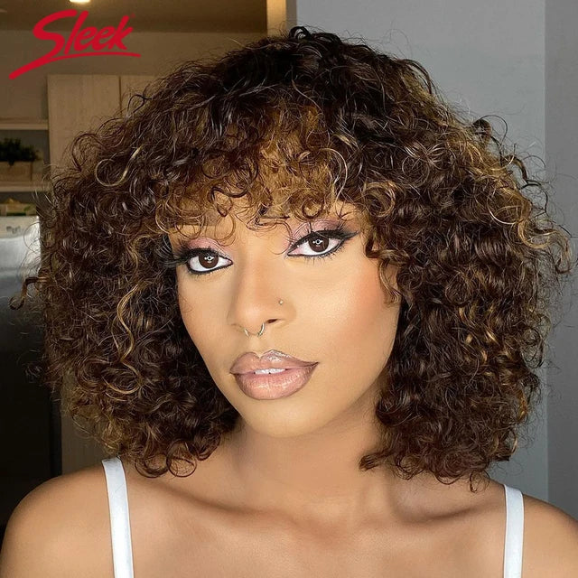 Brazilian Jerry Curly Short Bob Human Hair Wigs With Bangs Full Machine Wig Human Hair Wig Highlight Water Wave Wig For Women