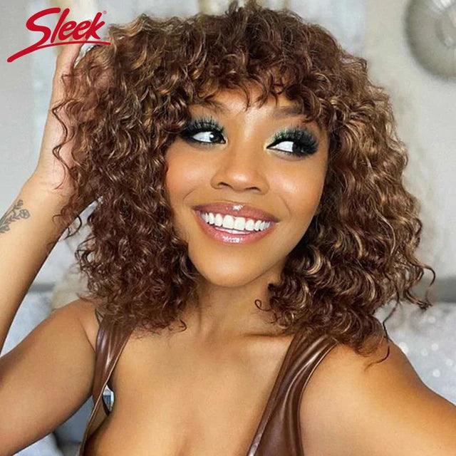 Brazilian Jerry Curly Short Bob Human Hair Wigs With Bangs Full Machine Wig Human Hair Wig Highlight Water Wave Wig For Women